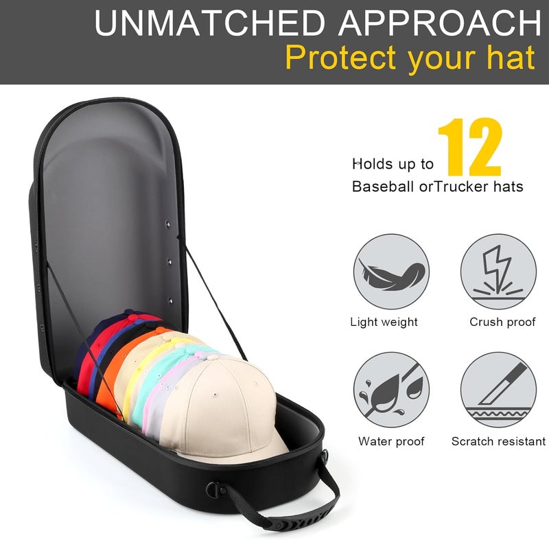 GERMUN Hard baseball hat case, Hat Carrier Travel Case with Adjustable Shoulder Strap, Hat cap case for 12 Baseball Caps - Perfect for Traveling & At-Home Storage (Black with Grey) - Image 2